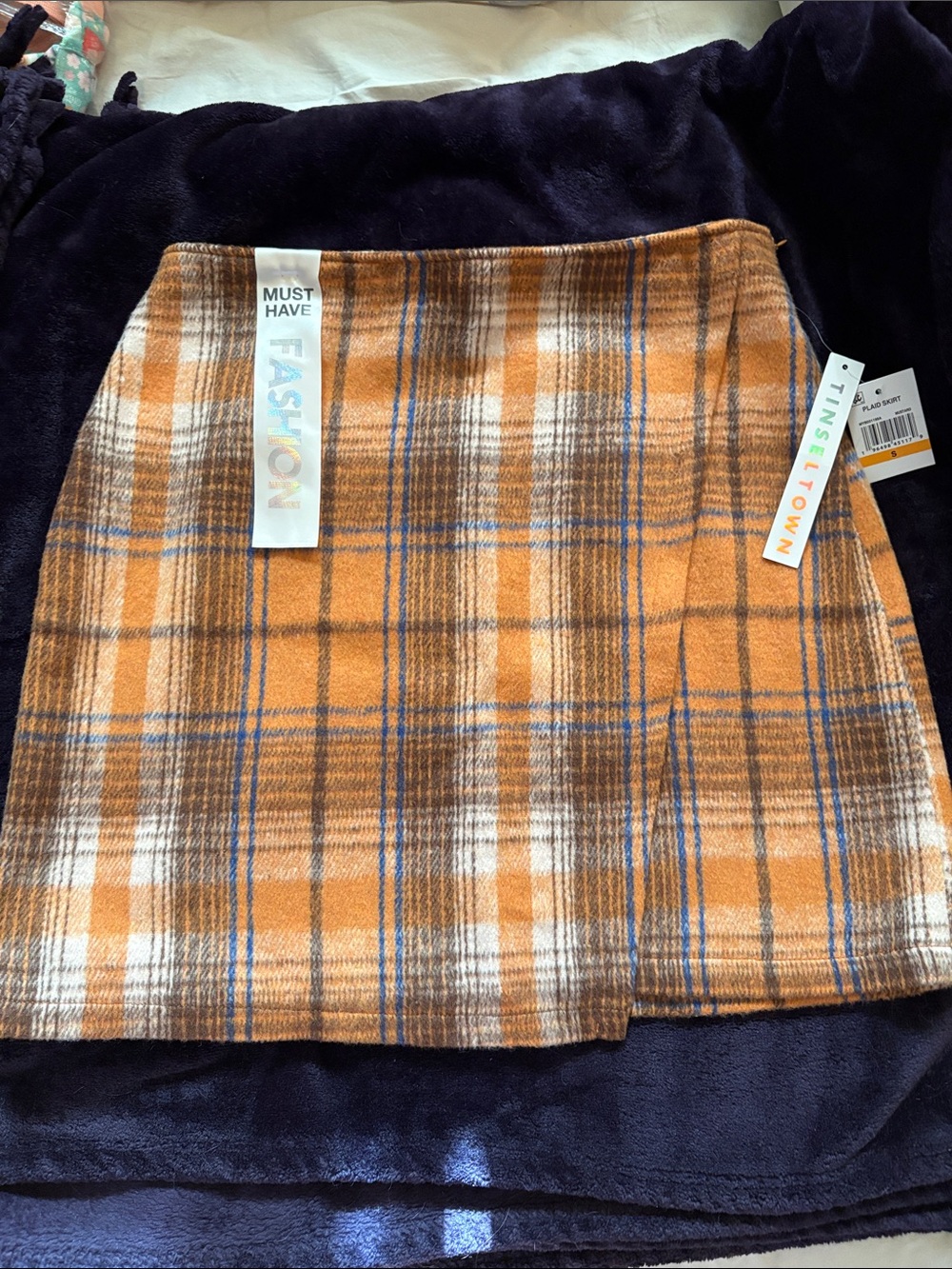 Tinseltown Orange Plaid Mini Skirt with Blue & Brown Accents